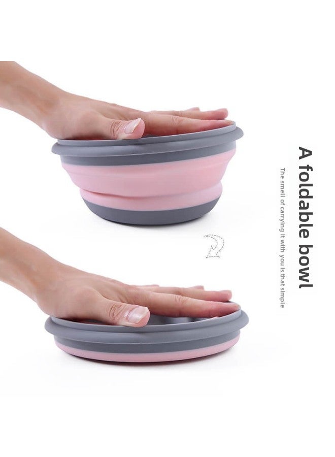 Silicone Bowl Folding Portable Outdoor Picnic Travel Office Student Noodles Baby Lunch Box Compressed Tableware Suit-Specifications:Large Bowl-Color:Girly Pink  - Image 2