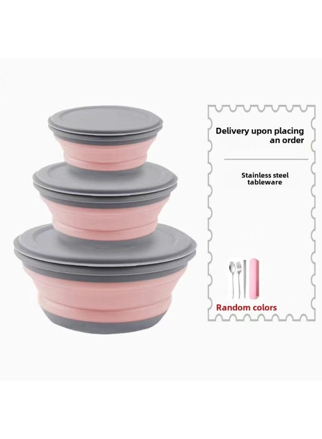 Silicone Bowl Folding Portable Outdoor Picnic Travel Office Student Noodles Baby Lunch Box Compressed Tableware Suit-Specifications:Large Bowl-Color:Girly Pink  - Image 1