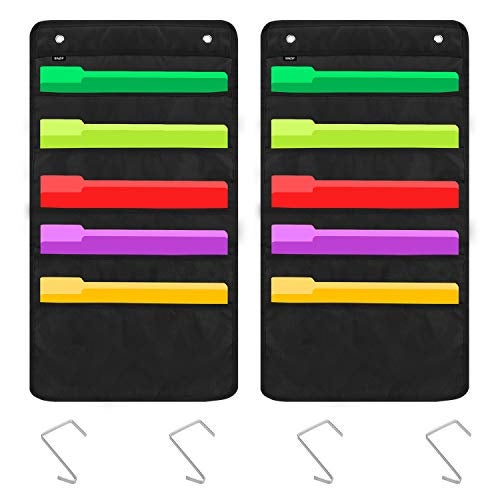 Sinzip 2 Pack Heavy Duty 5 Pocket Door Hanging File Organizer, Black Wall Storage Pocket Charts with 2 Hangers, Great for Classroom, School, Home or Office Use (5 Pocket-2Pack) - Image 1