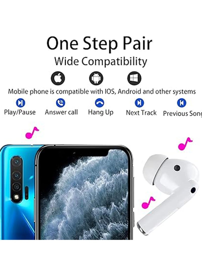 True Wireless Earphones Bluetooth 5.3 Microphone Noise Cancellation Waterproof High-Fidelity Stereo Sound Long-Lasting Battery Automatic Pairing Compatible with iPhone Android, White