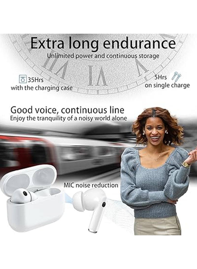 True Wireless Earphones Bluetooth 5.3 Microphone Noise Cancellation Waterproof High-Fidelity Stereo Sound Long-Lasting Battery Automatic Pairing Compatible with iPhone Android, White