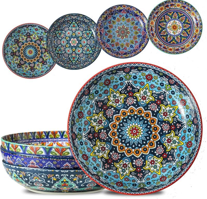 glowworm Pasta Bowls Set of 4, 42 oz Ceramic Salad Bowls for Kitchen, Large Serving Bowls for Ramen, Fruit, Housewarming Gift, Dishwasher & Microwave Safe, Bohemian - Image 1