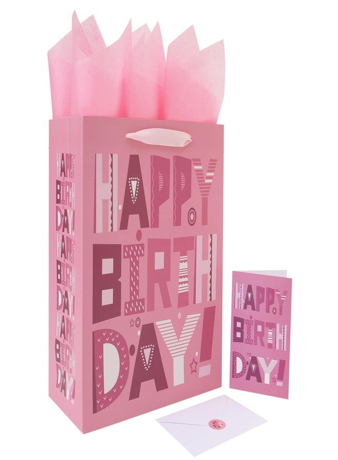 wishinside 13'' Large Happy Birthday Gift Bag Set with Handles, Greeting Card, Pink Tissue Papers and Stickers for Women Girls Kids Teens, Cartoon Design, 1 Pcs - Image 1