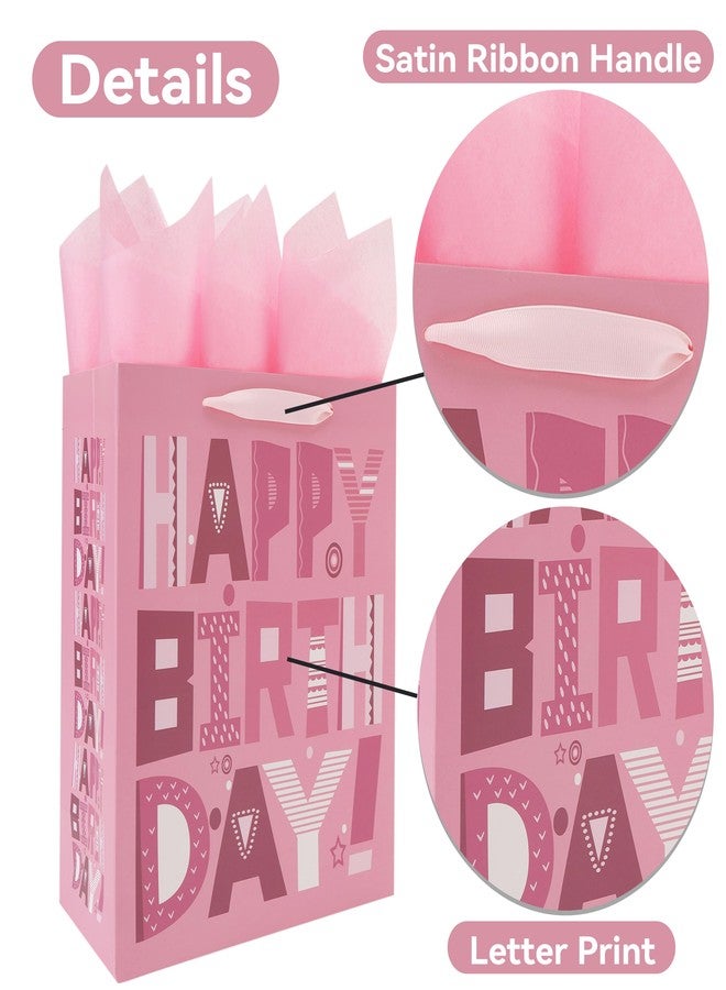 wishinside 13'' Large Happy Birthday Gift Bag Set with Handles, Greeting Card, Pink Tissue Papers and Stickers for Women Girls Kids Teens, Cartoon Design, 1 Pcs - Image 4
