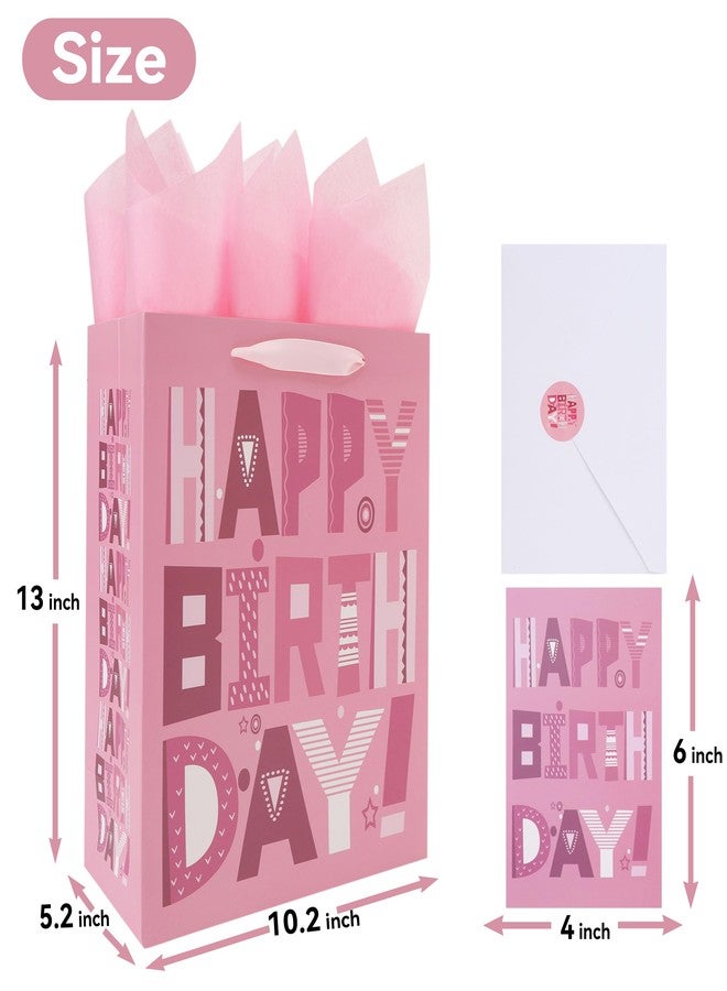 wishinside 13'' Large Happy Birthday Gift Bag Set with Handles, Greeting Card, Pink Tissue Papers and Stickers for Women Girls Kids Teens, Cartoon Design, 1 Pcs - Image 2