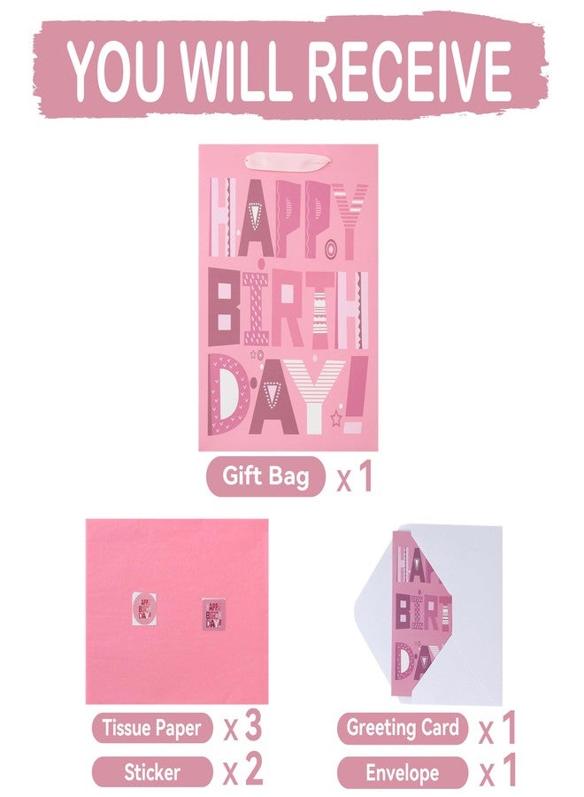 wishinside 13'' Large Happy Birthday Gift Bag Set with Handles, Greeting Card, Pink Tissue Papers and Stickers for Women Girls Kids Teens, Cartoon Design, 1 Pcs - Image 3