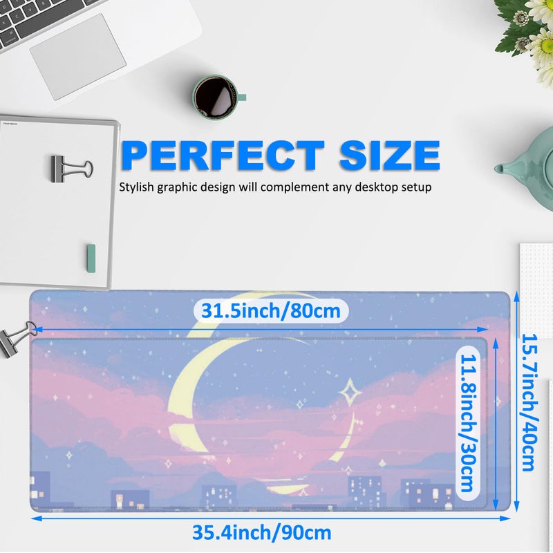 KOAIWPAE Desk Mat, Anime Moon City Night Scene Extended Gaming Mouse Pad Large, 31.5"x11.8" Big Mouse Pad with Non-Slip Base and Stitched Edge, Long Computer Keyboard Mouse Mat for Home Office Work - Image 2