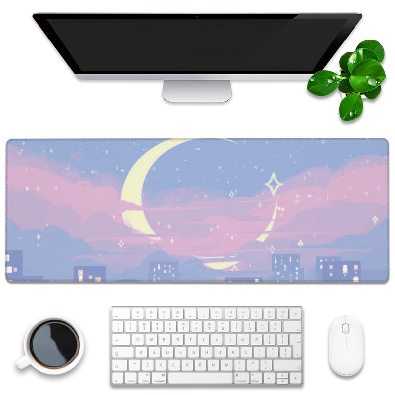 KOAIWPAE Desk Mat, Anime Moon City Night Scene Extended Gaming Mouse Pad Large, 31.5"x11.8" Big Mouse Pad with Non-Slip Base and Stitched Edge, Long Computer Keyboard Mouse Mat for Home Office Work - Image 1