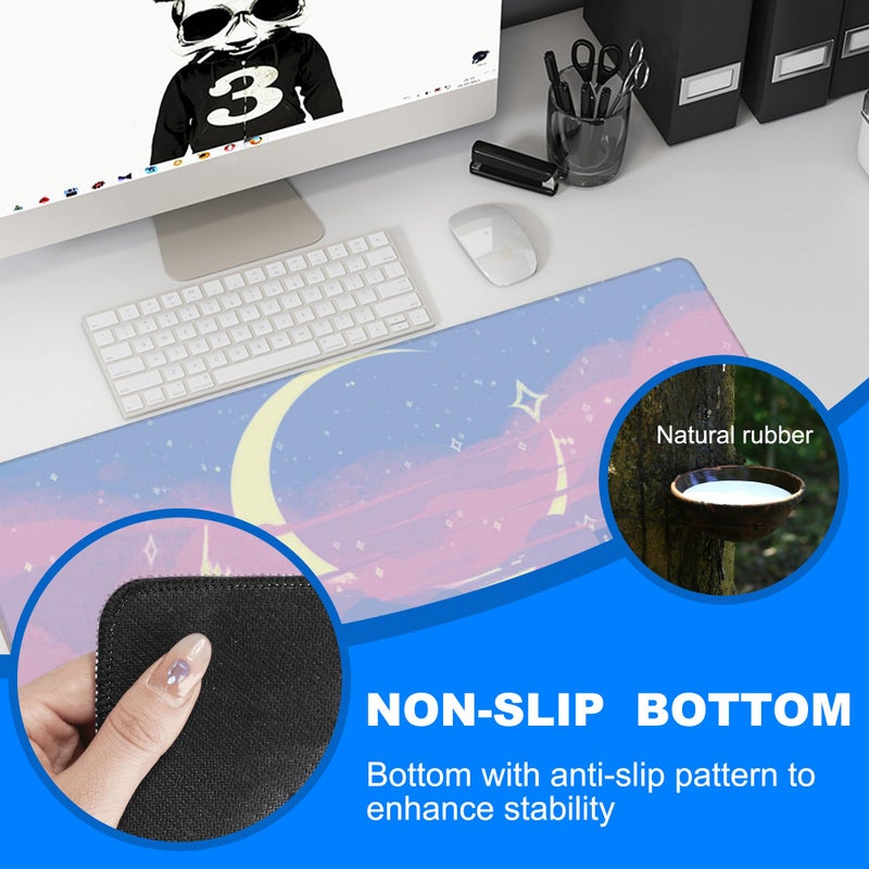 KOAIWPAE Desk Mat, Anime Moon City Night Scene Extended Gaming Mouse Pad Large, 31.5"x11.8" Big Mouse Pad with Non-Slip Base and Stitched Edge, Long Computer Keyboard Mouse Mat for Home Office Work - Image 3