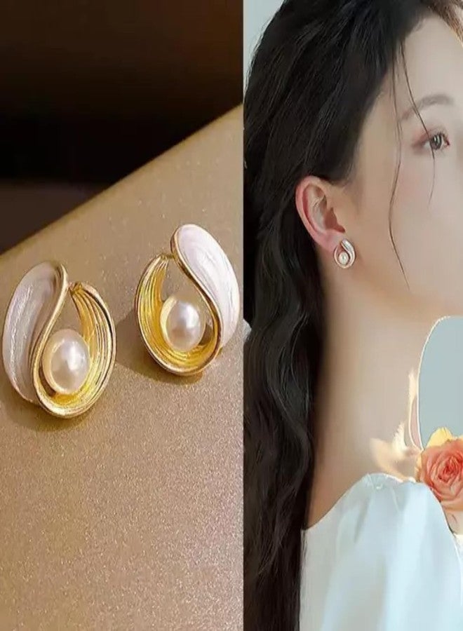 BLACKBOX Elegant Cute Shell Geometric Pearl Stud korean Earrings For Women & Girls | Stylish & Fashionable Earing|Accessories Jewellery for Women|Best Gift for Birthday, Anniversary & Wedding - Image 2