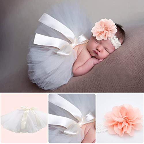 SPOKKI 4 PCS Newborn Photography Props Outfits-BabyTutu Skirt Cute Bow Headdress and Lace Rompers Flower Headband Sets for Infants Girl Boy White - Image 4