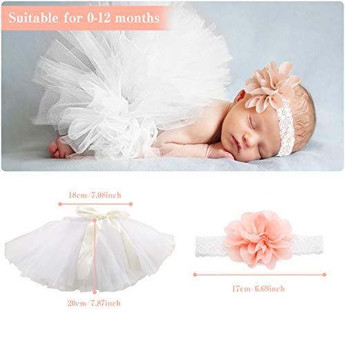 SPOKKI 4 PCS Newborn Photography Props Outfits-BabyTutu Skirt Cute Bow Headdress and Lace Rompers Flower Headband Sets for Infants Girl Boy White - Image 3