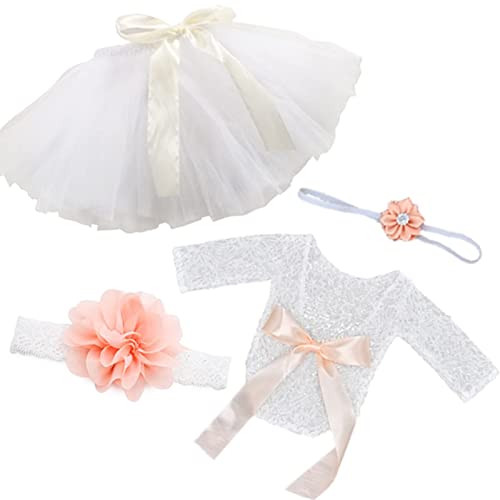 SPOKKI 4 PCS Newborn Photography Props Outfits-BabyTutu Skirt Cute Bow Headdress and Lace Rompers Flower Headband Sets for Infants Girl Boy White - Image 1