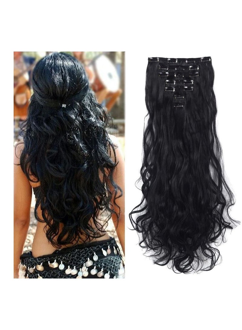 إستيل 7 قطع 16 مشابك 23 "-24" سميكة مجعد مستقيم كامل الرأس كليب في لحمة مزدوجة وصلات شعر طبيعي أسود مجعد - Image 1