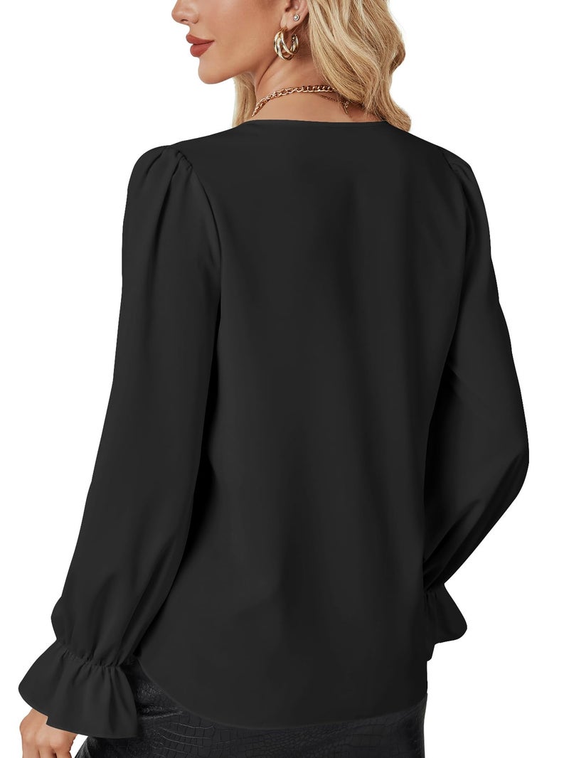 Rooscier Women's Flounce Long Sleeve Ruffle V Neck Elegant Business Work Blouse Shirt Top Solid Black Medium - Image 5