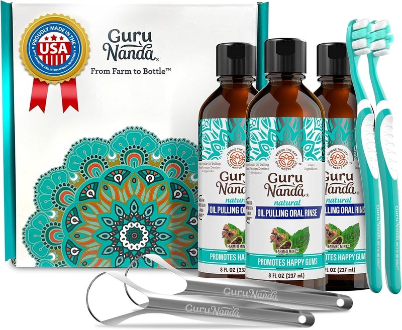 GuruNanda Coconut Oil Pulling(Mickey D), Fresh Breath & Whitening Mouthwash, 7 Essential Oils & Vitamins for Healthy Teeth & Gums, Alcohol-Free 3x8 oz - Image 1