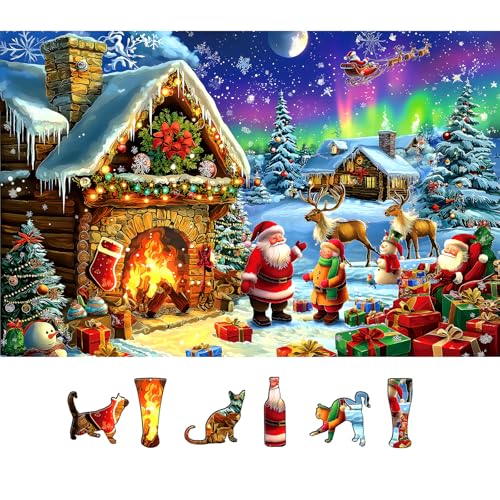 Blueforest Christmas 500 Piece Jigsaw Puzzles for Adults Northern Lights Cabin Puzzle Santa Reindeer Scene Winter Holiday Landscape Puzzle with Letters on Back Art Fun Festive Gift for Family Seniors 23x15in - Image 1
