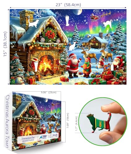 Blueforest Christmas 500 Piece Jigsaw Puzzles for Adults Northern Lights Cabin Puzzle Santa Reindeer Scene Winter Holiday Landscape Puzzle with Letters on Back Art Fun Festive Gift for Family Seniors 23x15in - Image 5