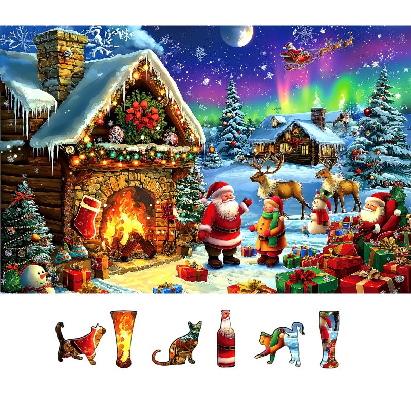Blueforest Christmas 500 Piece Jigsaw Puzzles for Adults Northern Lights Cabin Puzzle Santa Reindeer Scene Winter Holiday Landscape Puzzle with Letters on Back Art Fun Festive Gift for Family Seniors 23x15in - Image 3