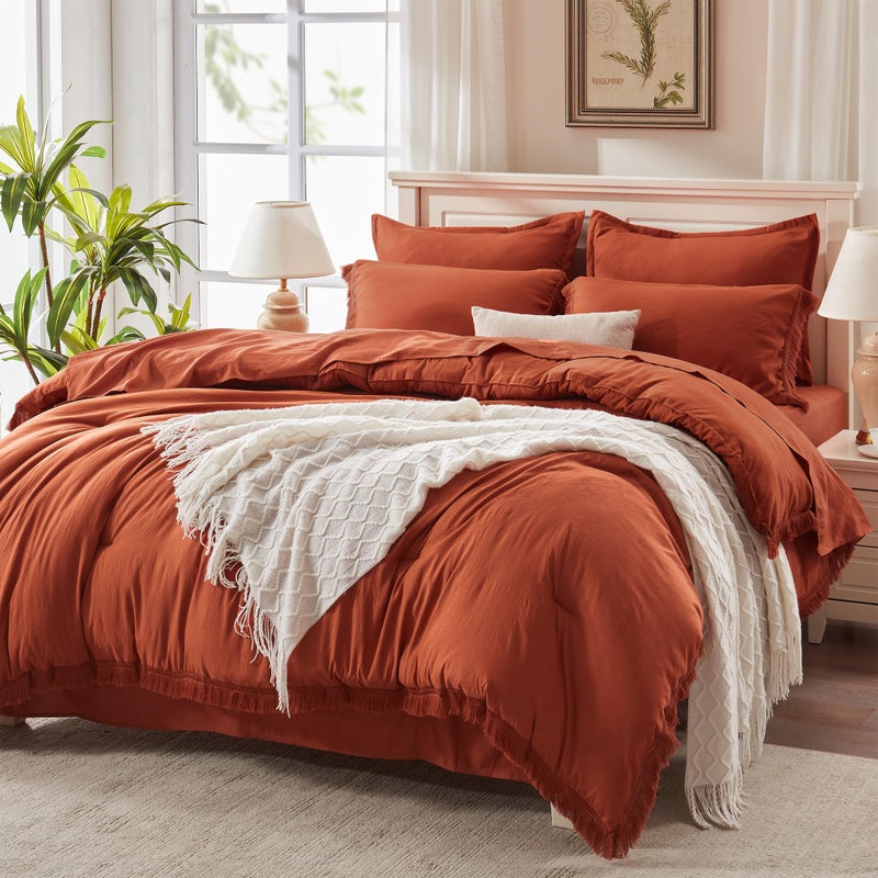 Andency King Size Comforter Set with Sheets Burnt Orange 7 Pieces Bed in a Bag Boho Soft Lightweight Bedding Sets Terracotta Rust Tassel Bed Set with Comforter Sheets Pillowcases Shams
