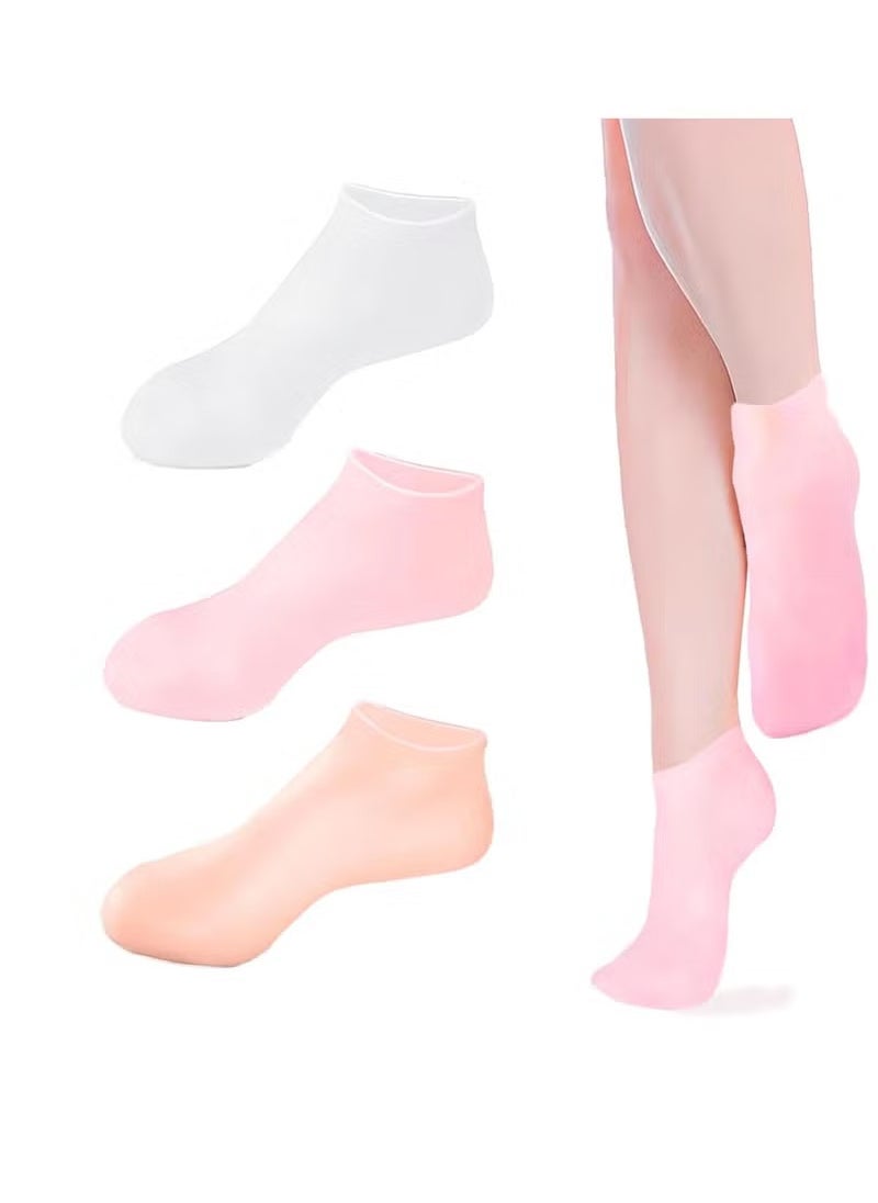 Generic 2 Pairs Silicone Moisturizing Socks Softening Dry Cracked Feet Rough Skins & Anti Slip Aloe Socks for Dry Cracked Feet Women, Calluses, Spa Gel Socks Foot Care After Pedicure - Beige  - Image 1