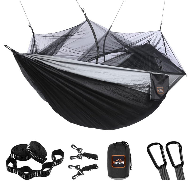 AnorTrek Camping Hammock with Mosquito Net, Double & Single Lightweight Portable Hammocks with Tree Straps, Parachute Hammock for Camping, Backpacking - Image 1