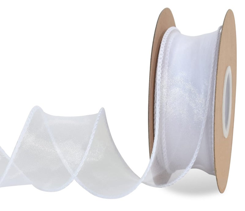 TONIFUL 112 Inch Wide White Wired Chiffon Ribbon Sheer Organza Ribbons for Crafts Floral Bouquets Wedding Car Party Decorations Valentines Day Gift Wrapping Bow Making Tree Wreaths Decoration
