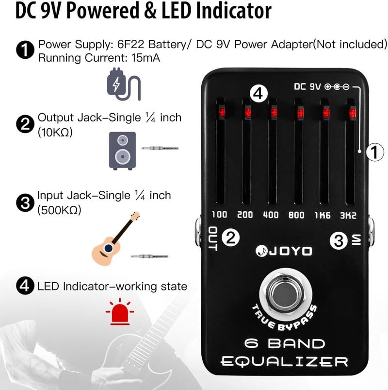 JOYO 6-band EQ Pedal Electric Guitar Equalizer (100Hz 200Hz 400Hz 800Hz 1.6kHz 3.2kHz) provides ±18dB for each band (JF-11) - Image 5