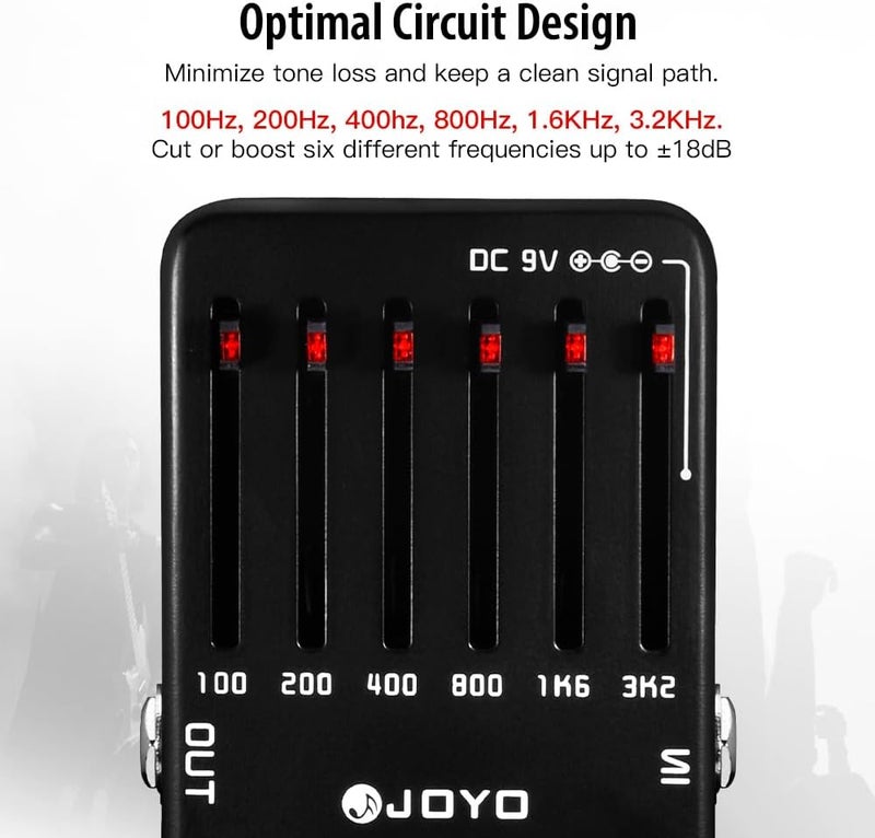 JOYO 6-band EQ Pedal Electric Guitar Equalizer (100Hz 200Hz 400Hz 800Hz 1.6kHz 3.2kHz) provides ±18dB for each band (JF-11) - Image 3