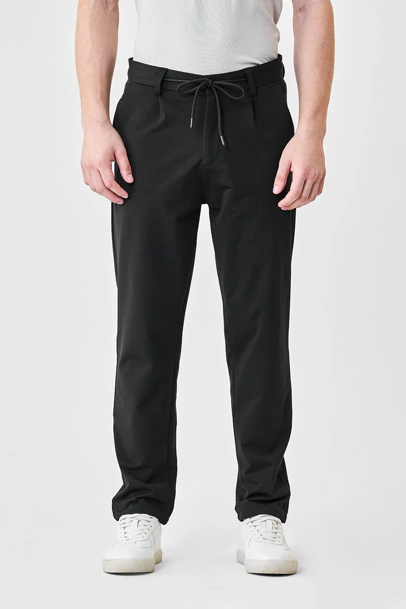 SNITCH Black Relaxed Fit Stretch Trousers for Men | Best Price UAE