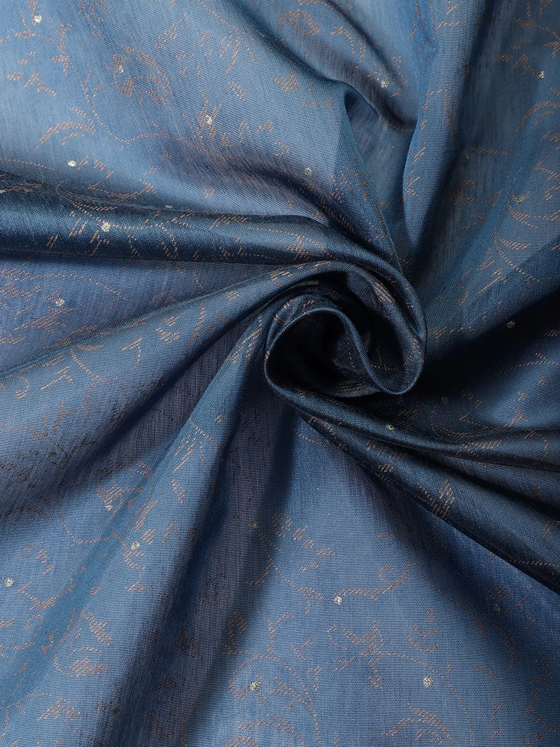 أيه كيه إس Dusty Blue Silk-Look Fabric with Silver Leaf Embroidery