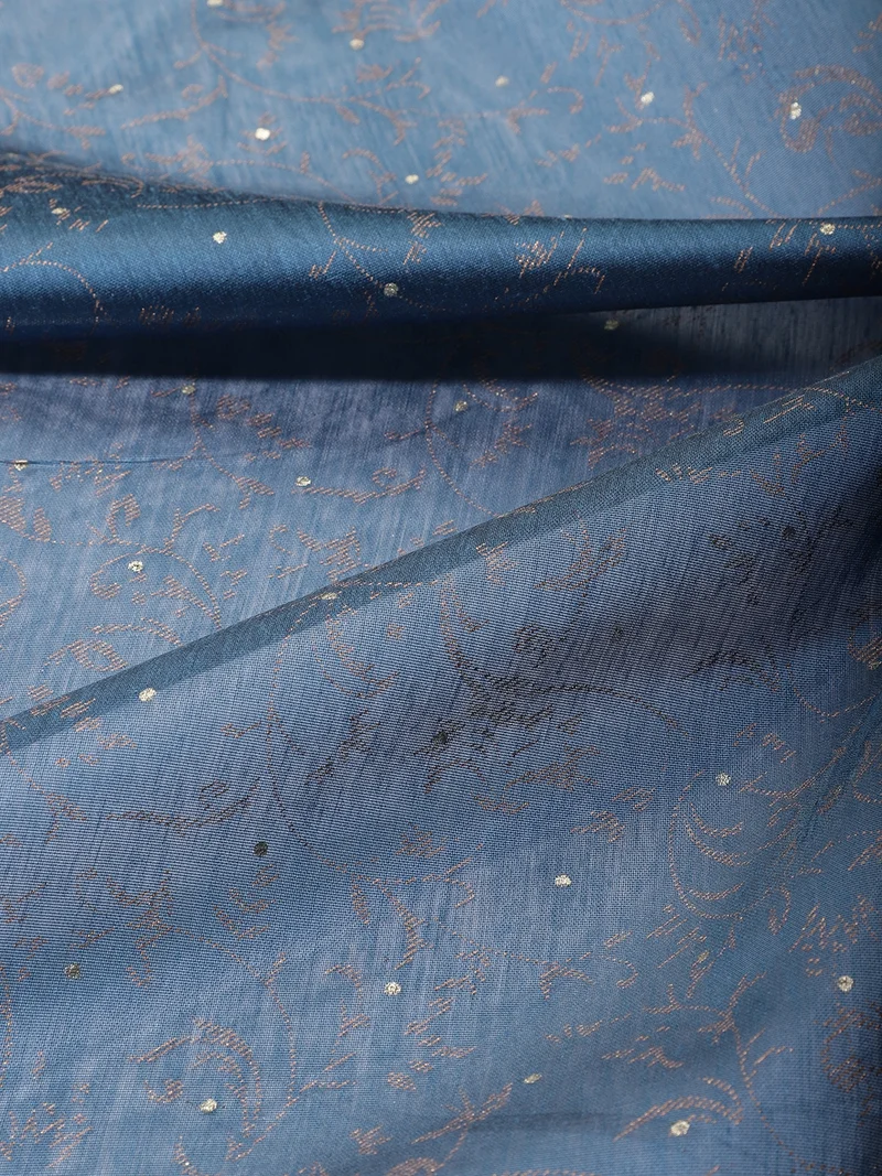 أيه كيه إس Dusty Blue Silk-Look Fabric with Silver Leaf Embroidery