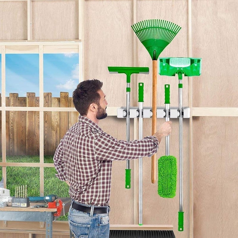 Spaceshoop Mop Broom Holder, Garden Tools Wall Mounted Commercial Organizer Saving Space Storage Rack for Kitchen Garden and Garage,Laundry Offices(5 Position with 6 Hooks) - Image 3