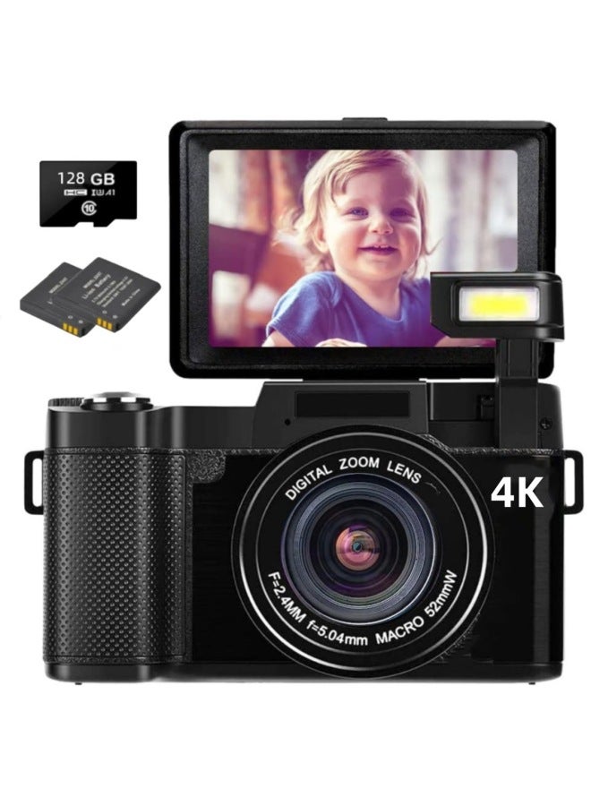 Generic 4K E-commerce English Digital Camera Video Camera 48M Full HD With Flip HD Screen R2P-Body Color:English Version Black Standard - 4k + Wide-angle Mirror + 128gb Card + Battery  - Image 1