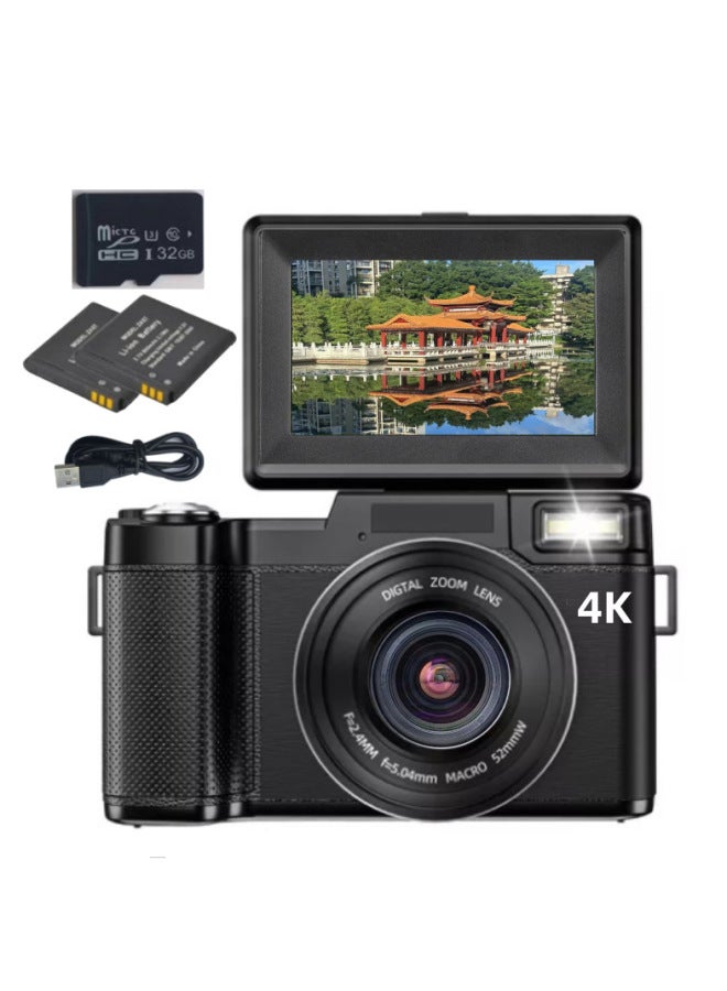 Generic 4K E-commerce English Digital Camera Video Camera 48M Full HD With Flip HD Screen R2P-Body Color:English Version Black Standard - 4k + Wide-angle Mirror + 128gb Card + Battery  - Image 2