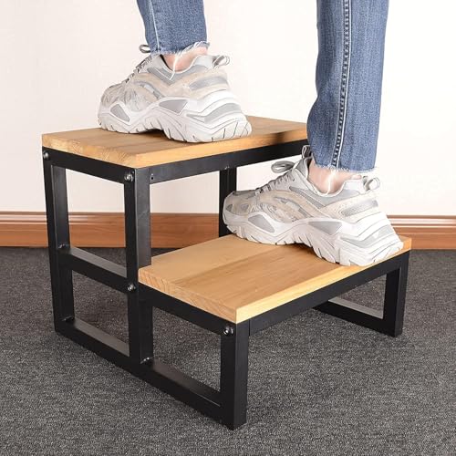 OGFC 28987 Classic Two Step Wood/Metal Step Stool with Metal Frame for Adult & Kid Load 400lb, Double Wooden Stepping Footstool for High Bed Side, Bathroom, Bedside, for Elderly - Black - Image 2
