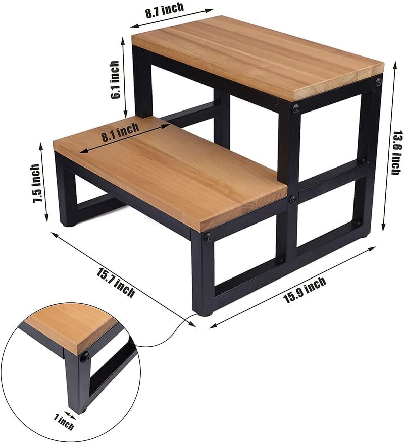 OGFC 28987 Classic Two Step Wood/Metal Step Stool with Metal Frame for Adult & Kid Load 400lb, Double Wooden Stepping Footstool for High Bed Side, Bathroom, Bedside, for Elderly - Black - Image 3