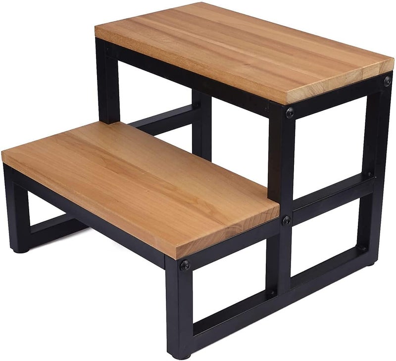 OGFC 28987 Classic Two Step Wood/Metal Step Stool with Metal Frame for Adult & Kid Load 400lb, Double Wooden Stepping Footstool for High Bed Side, Bathroom, Bedside, for Elderly - Black - Image 1