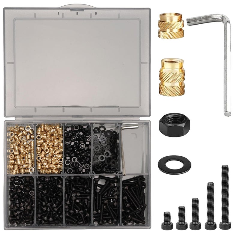 QeeaHuuo 630Pcs M3 Threaded Insert Assortment Kit â€“ Heat Set Inserts, Hex Nuts, Washers, Socket Head Cap Screws â€“ M3 Fasteners for 3D Printing, Compatible with PLA/ABS, Organized in Plastic Box - Image 1
