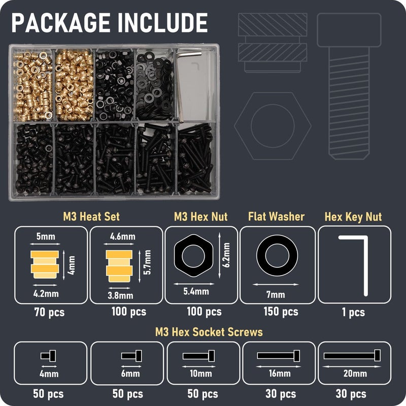 QeeaHuuo 630Pcs M3 Threaded Insert Assortment Kit â€“ Heat Set Inserts, Hex Nuts, Washers, Socket Head Cap Screws â€“ M3 Fasteners for 3D Printing, Compatible with PLA/ABS, Organized in Plastic Box - Image 2