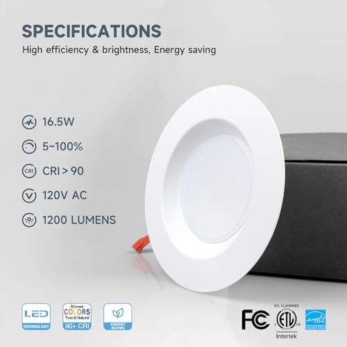 ECOELER 5/6 inch LED Recessed Lighting, Dimmable Ceiling Can Light, 16.5W 1200Lm, 5CCT Selectable(27K, 30K, 40K, 50K, 60K), Aluminum Trim, Retrofit Installation Downlight - ETL & FCC Listed - Image 2