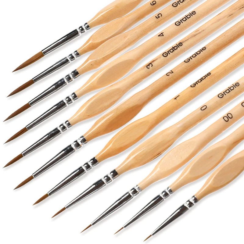 Grabie Paint Brush Set Miniature Detail 11 Pcs for Oil Acrylic Watercolor and Gouache Nylon Hair Paint Brush With Natural Wood Handle Great for Beginners and Professionals