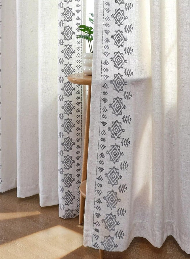 Joydeco Silver Grey Embroidered Curtains 90 Inch Long 2 Panel Set, Boho Patterned Linen Drapes for Living Room Bedroom, Light Filtering Cottage Curtain with Back Tab Rod Pocket (90" L x 50" W) - Image 1