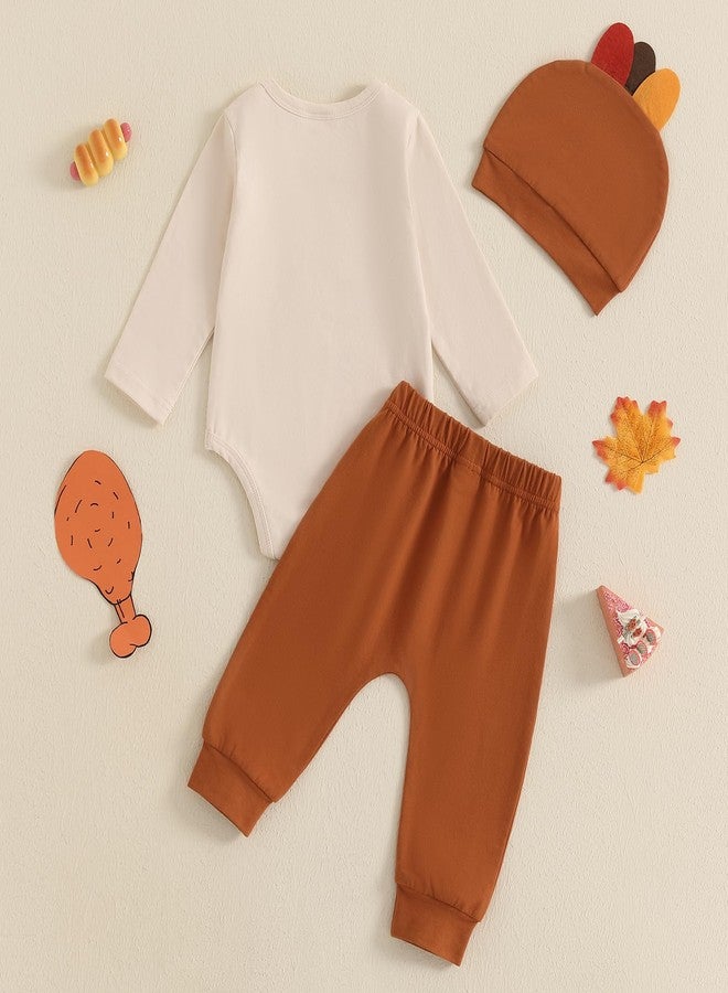 Mobbdow Newborn Baby Boy Thanksgiving Outfit Cutest Turkey at the Table Long Sleeve Romper Pants with Hat 3Pcs Fall Outfits(Apricot, 0-3 Months) - Image 3