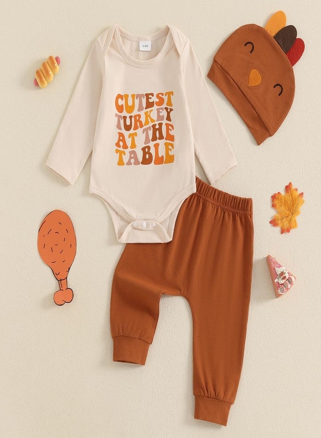 Mobbdow Newborn Baby Boy Thanksgiving Outfit Cutest Turkey at the Table Long Sleeve Romper Pants with Hat 3Pcs Fall Outfits(Apricot, 0-3 Months) - Image 2