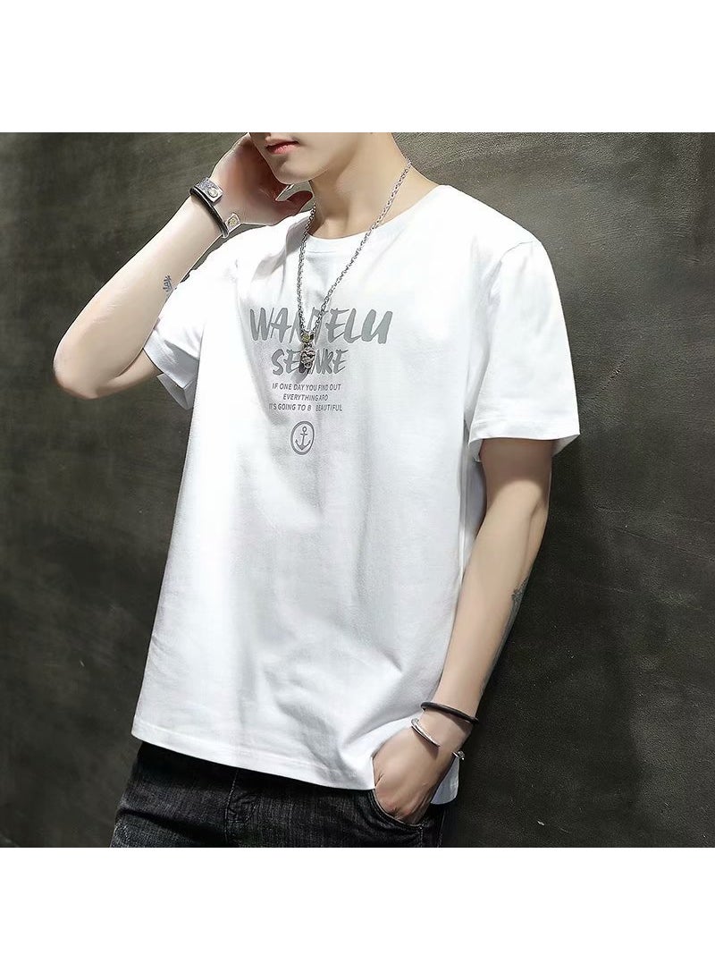 Generic - 2024 Summer Mens Half Sleeve T-Shirt White Round Neck Loose Fit Trendy Brand Trendy Youth Half Sleeve Tee For Boys Grey - Image 1