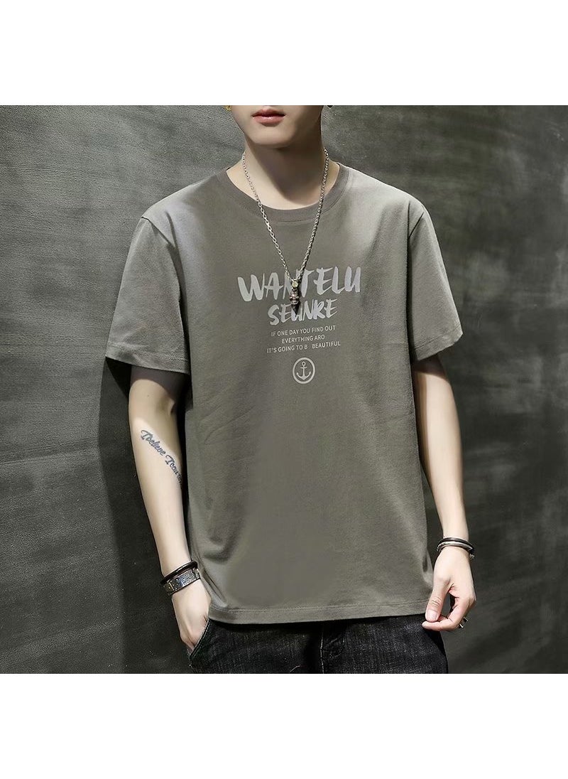 Generic - 2024 Summer Mens Half Sleeve T-Shirt White Round Neck Loose Fit Trendy Brand Trendy Youth Half Sleeve Tee For Boys Grey - Image 1