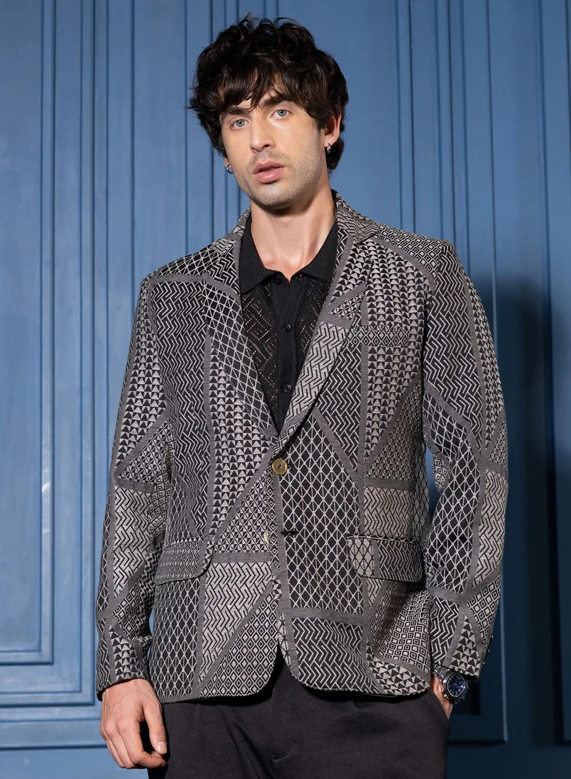 كامبوس سوترا Men Tailored Geometric-Block Jacquard Blazer | Lapel Collar, Long Split-Button Set-In Sleeves | Button , Straight Hem | Jacquard Woven Fabric For Casual & Evening Wear | Onyx Black