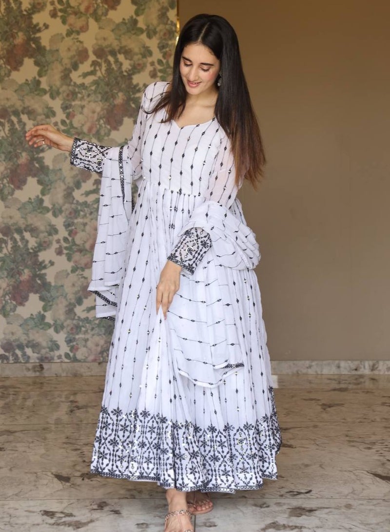 PREMIUM READYMADE WHITE ANARKALI SUIT SET [3 PIS]  - Image 1