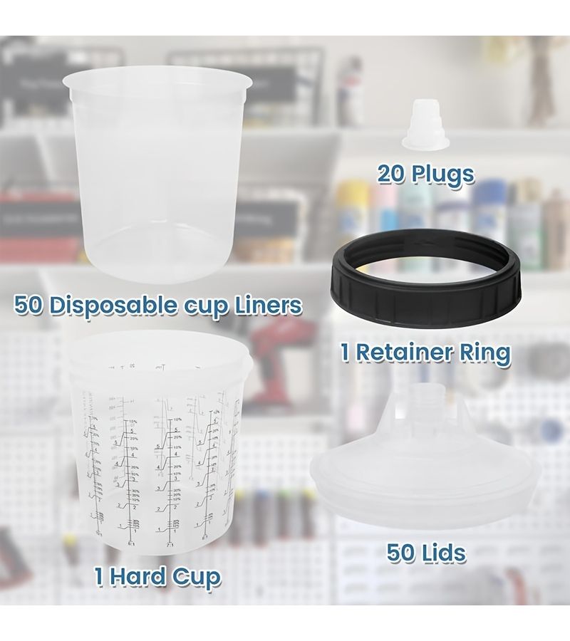122 قطعة من مجموعة أكواب خلط الطلاء disposable بسعة 600 مل تحتوي على 50 كوبًا داخليًا و50 غطاءً للترشيح و20 سدادة وكوبًا خارجيًا صلبًا واحدًا وحلقة إغلاق واحدة. إكسسوارات مهنية لرشاشات الطلاء تُستخدم في طلاء السيارات والحرف اليدوية، هدية مثالية للفنانين. - Image 3